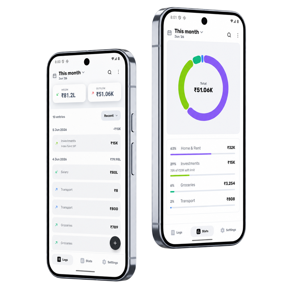 JotWell app screens showing logs and monthly stats.