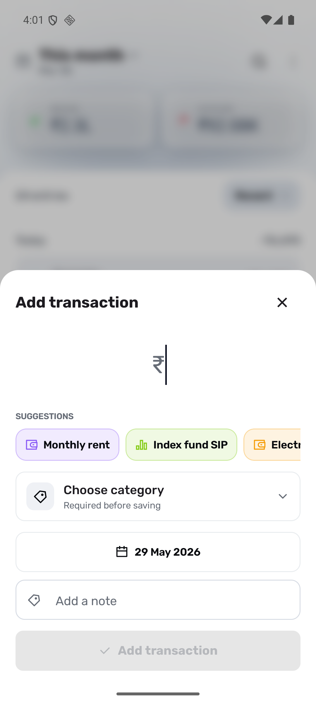 JotWell add transaction screen with suggestions, category, date, and note fields.