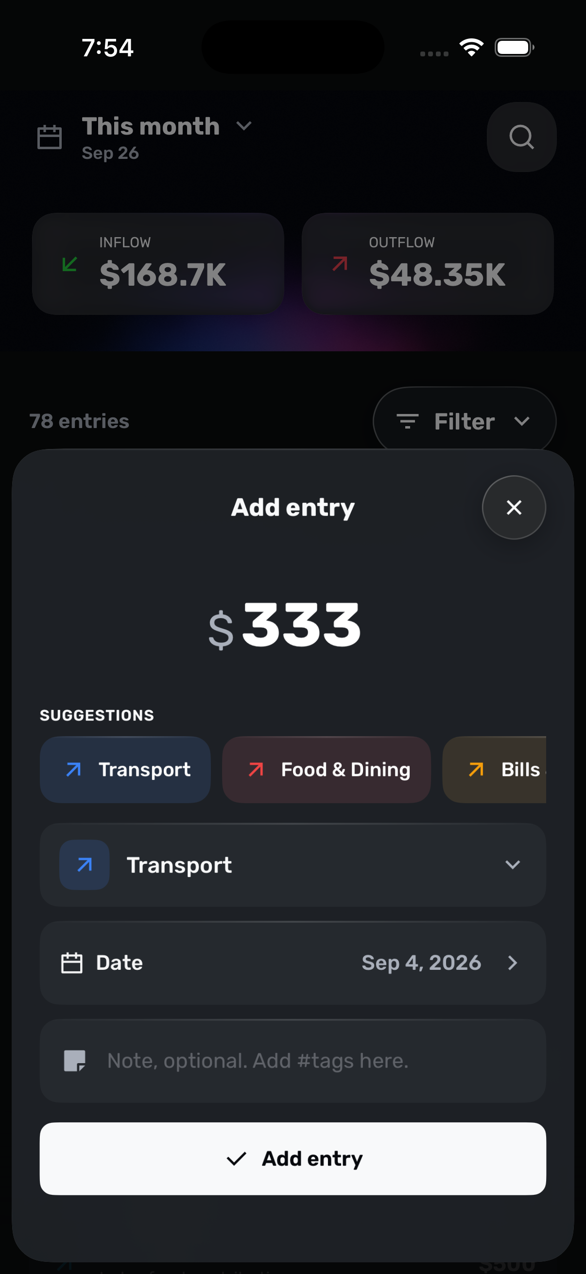 JotWell quick-add form with amount, category, date, and note