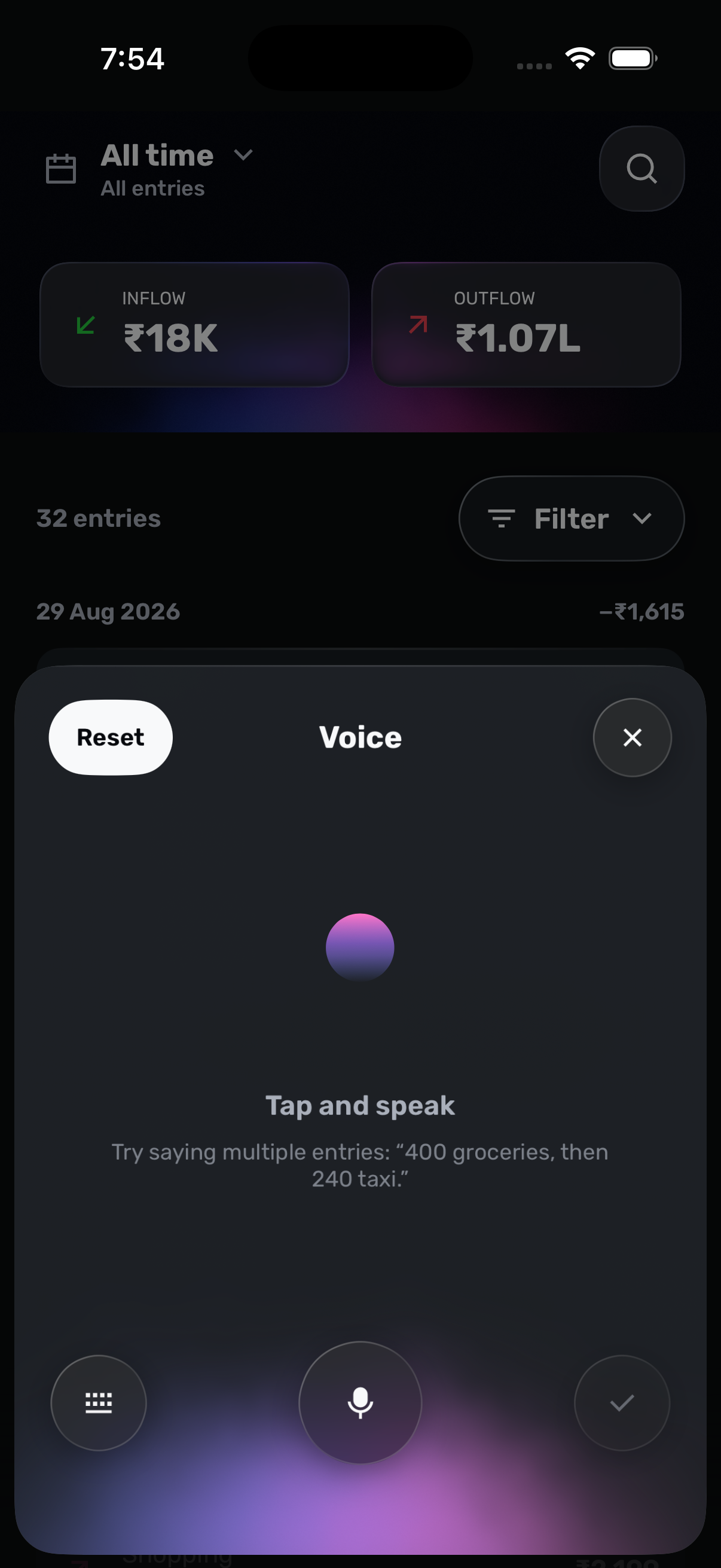 JotWell voice input screen ready to record an expense