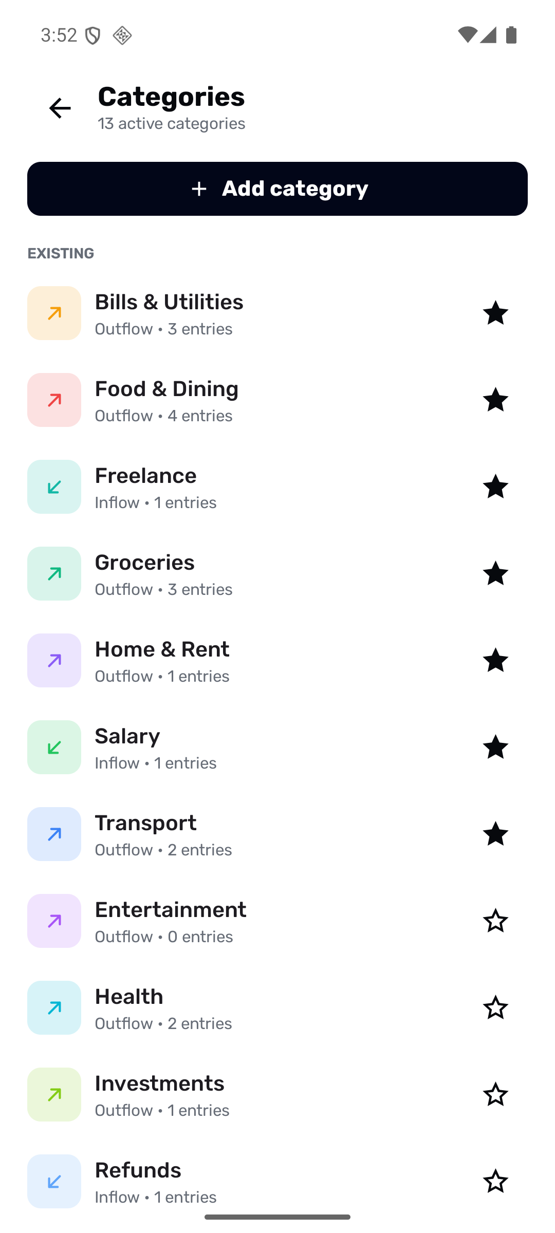 JotWell categories screen with category names, colors, and favorite controls.
