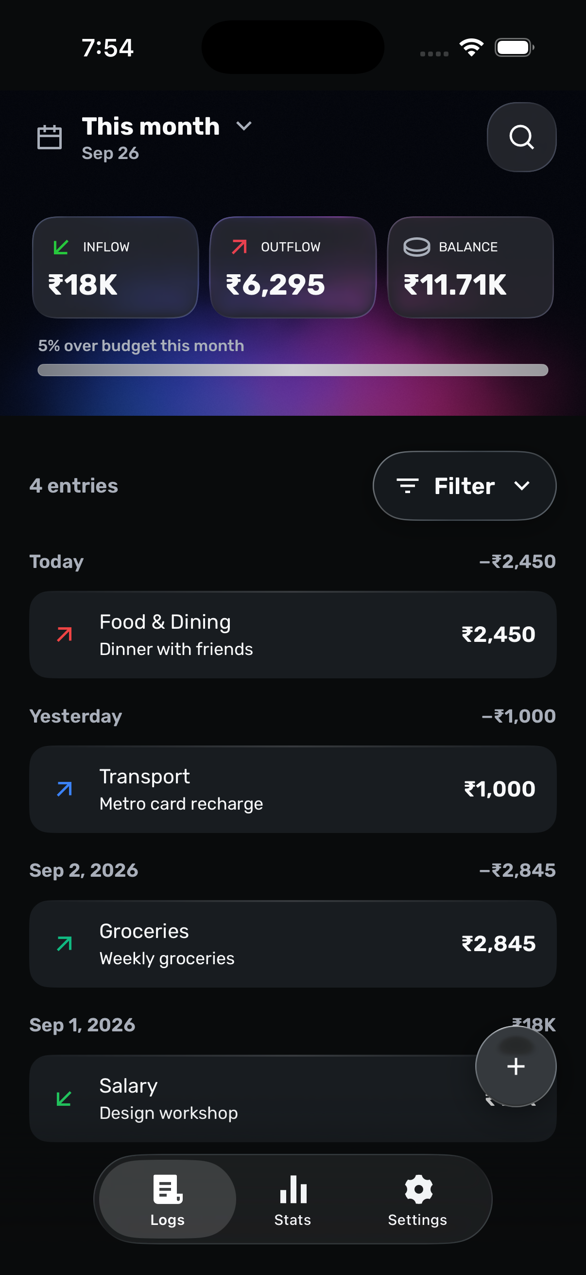 Recent income and expense entries in JotWell
