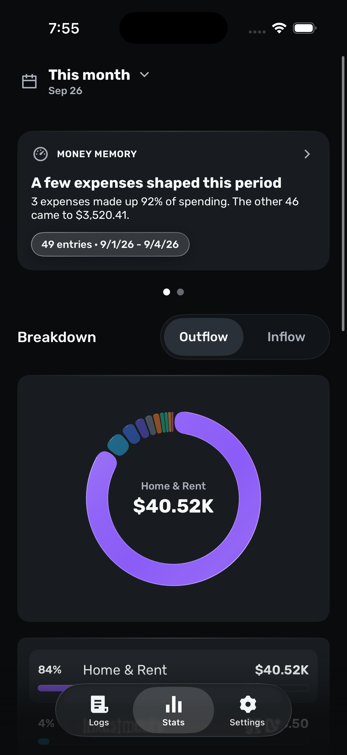 JotWell monthly totals and category breakdown